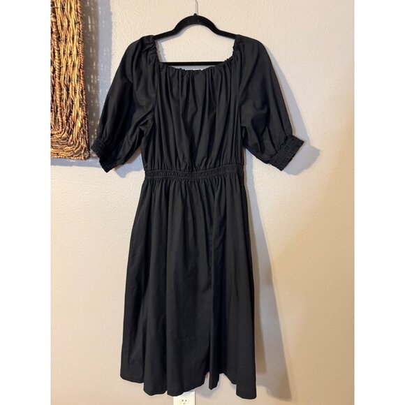Gap Midi Dress M Medium Black Puff Sleeve Pockets Cotton Poplin A Line Washable - Picture 9 of 11